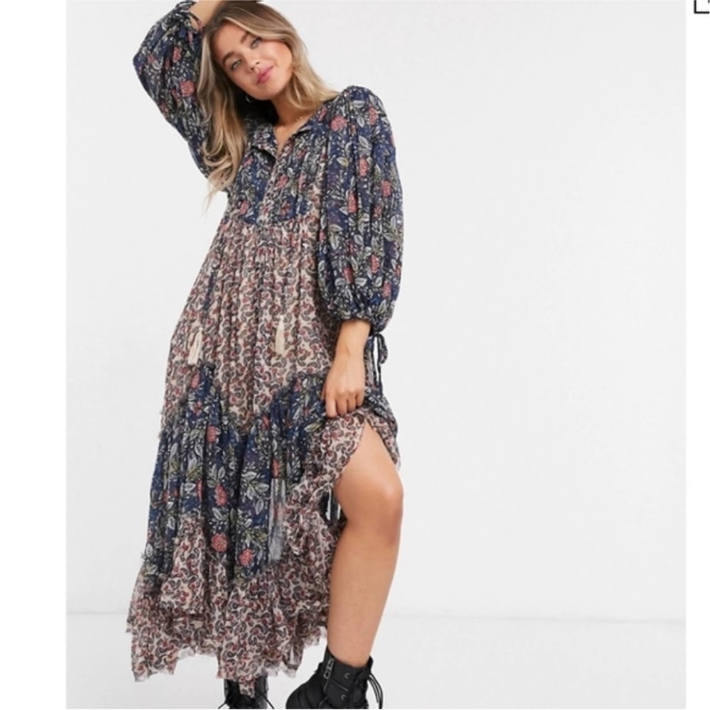 Free People Floral Bohemian Maxi Dress - Blue and Pink
